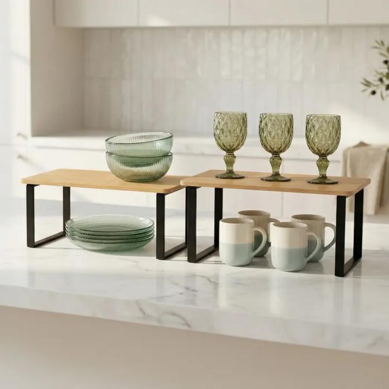 SET 2 ESTANTE APILABLE NATURAL-NEGRO 30X19X15 CM