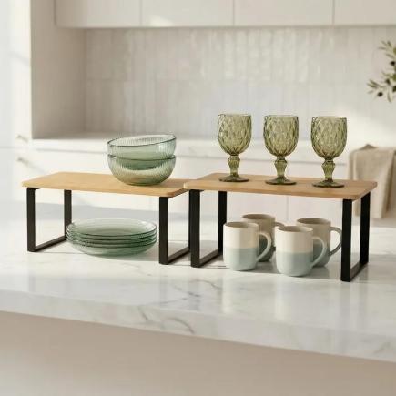 SET 2 ESTANTE APILABLE NATURAL-NEGRO 30X19X15 CM