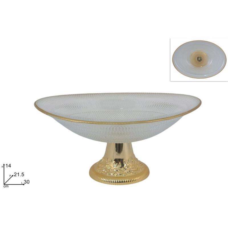 SOPORTE OVALADO DE VIDRIO 30 CM TRANSPARENTE CON BORDE ORO