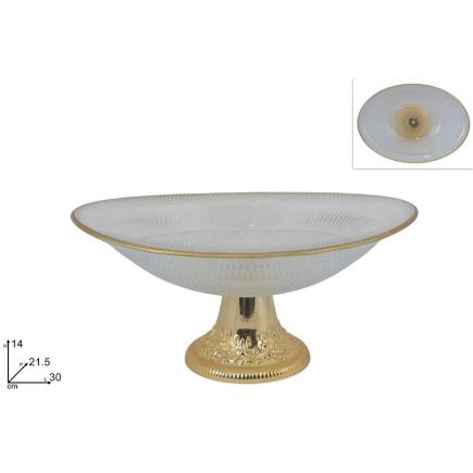 SOPORTE OVALADO DE VIDRIO 30 CM TRANSPARENTE CON BORDE ORO