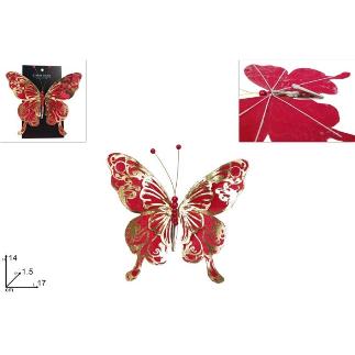 MARIPOSA 14 CM CON PINZA ROJA TERCIOPELO CON ORO