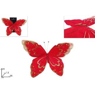 MARIPOSA 23 CM CON PINZA ROJA TERCIOPELO CON ESCARCHA ORO