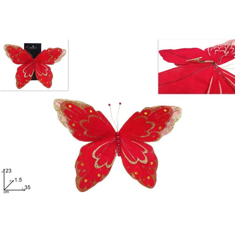 MARIPOSA 23 CM CON PINZA ROJA TERCIOPELO CON ESCARCHA ORO