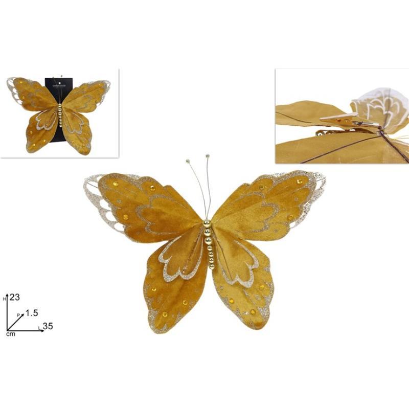 MARIPOSA 23 CM CON PINZA DORADA TERCIOPELO CON PURPURINA CHAMPAN
