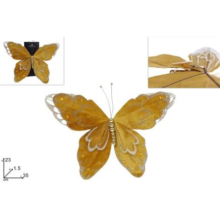 MARIPOSA 23 CM CON PINZA DORADA TERCIOPELO CON PURPURINA CHAMPAN