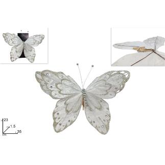 MARIPOSA 23 CM CON PINZA BLANCA TERCIOPELO CON PURPURINA CHAMPAN