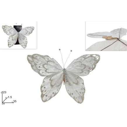 MARIPOSA 23 CM CON PINZA BLANCA TERCIOPELO CON PURPURINA CHAMPAN