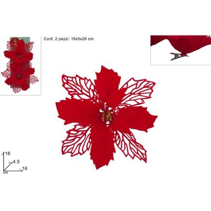 SET 2 FLORES CON PINZA EFECTO FLOCADO ROJO ROJO