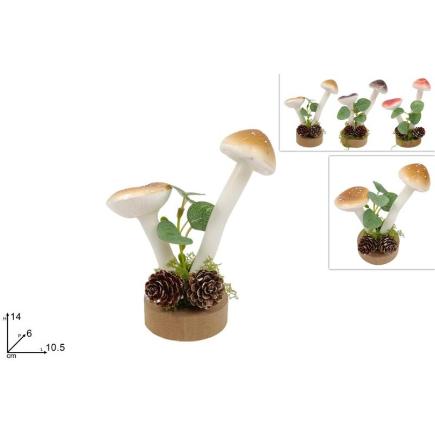 SETAS CON BASE MADERA Y PIÑAS 14 CM 3 COL