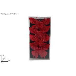 SET 4 PIEZAS MARIPOSAS CON PINZA GLITTER ROJO