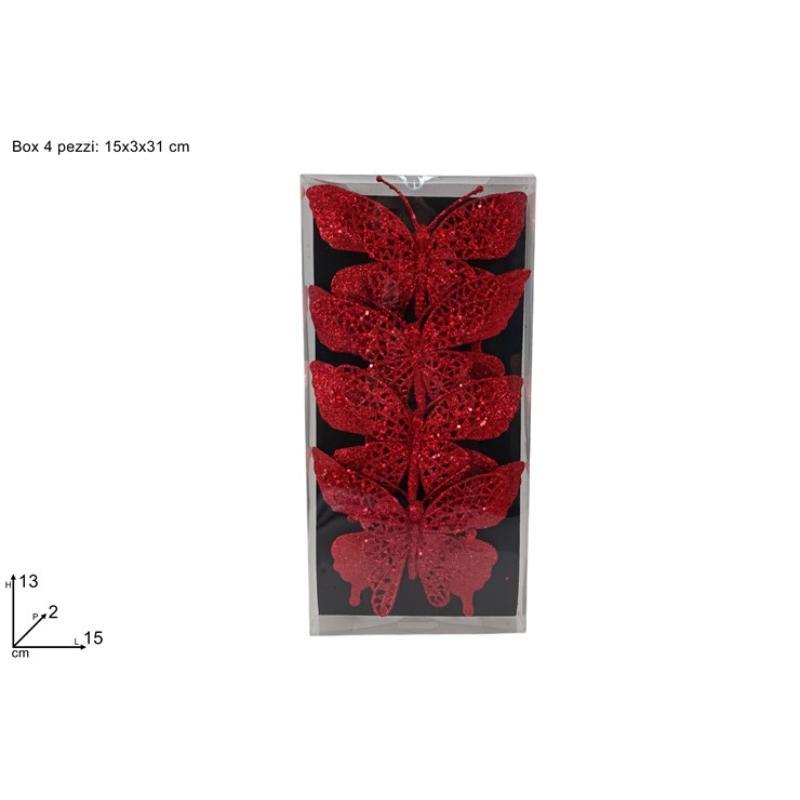 SET 4 PIEZAS MARIPOSAS CON PINZA GLITTER ROJO