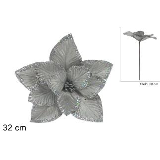 TALLO CON FLOR DE 32 CM EFECT TERCIOPELO PLATA BRILLANTE