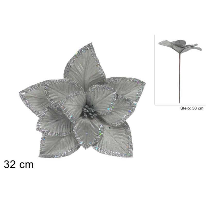 TALLO CON FLOR DE 32 CM EFECT TERCIOPELO PLATA BRILLANTE