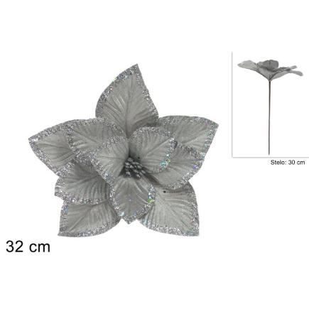 TALLO CON FLOR DE 32 CM EFECT TERCIOPELO PLATA BRILLANTE