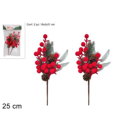 SET 2 PIEZAS 25 CM PIÑAS Y BAYAS EFECT TERCIOPELO