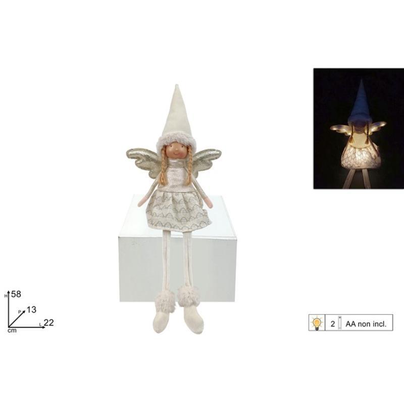 ANGEL SENTADO 58 CM CON VESTIDO BLANCO CON DEC. ORO CON LUZ