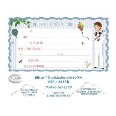 BLISTER 10 INVITACIONES+SOBRE COMUNION NIÑO       