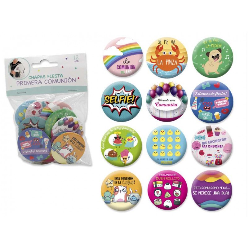 MI PRIMERA COMUNION SET 12 CHAPAS FIESTA          