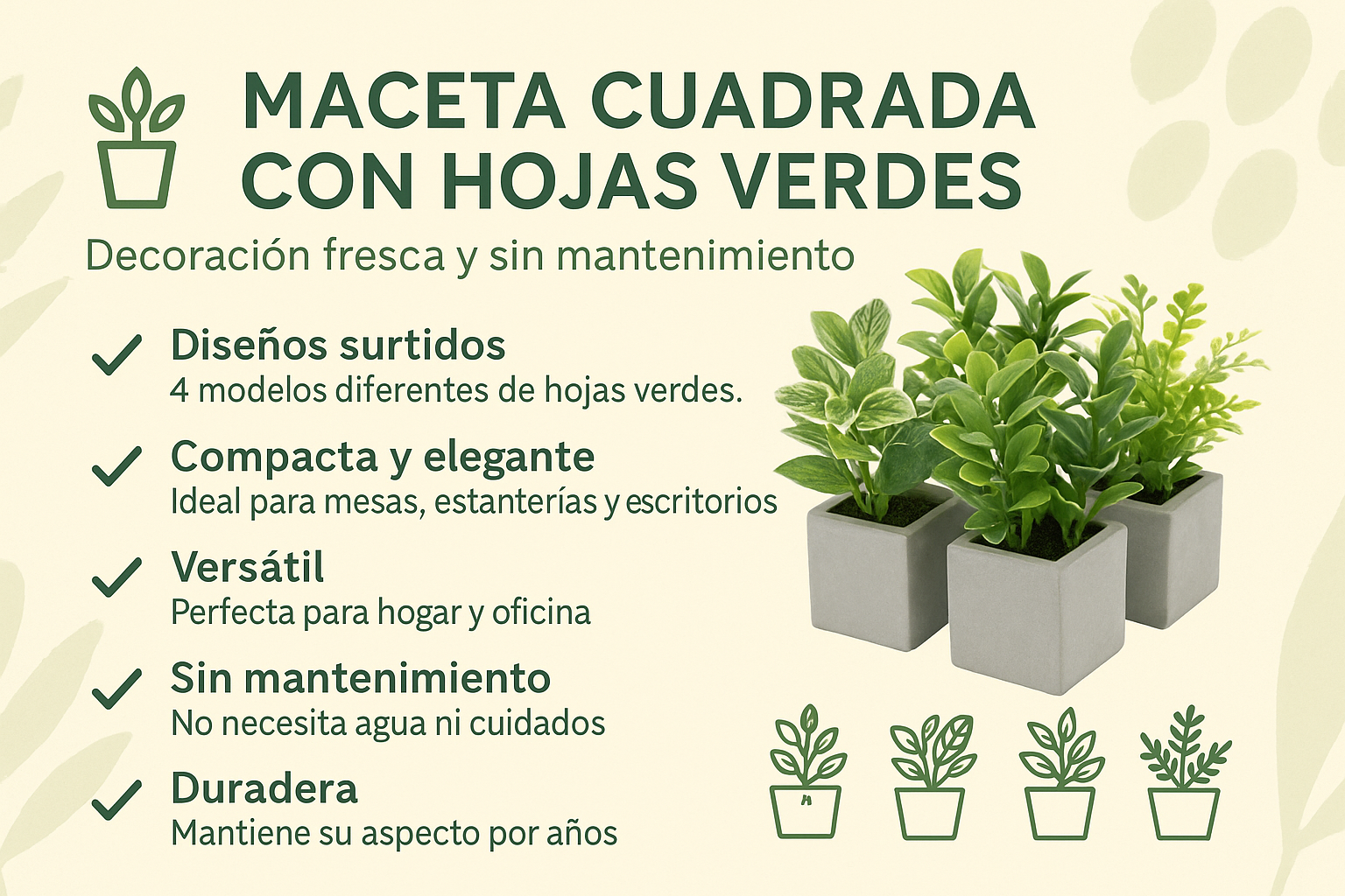 Maceta Cuadrada con Hojas Verdes Surtidas