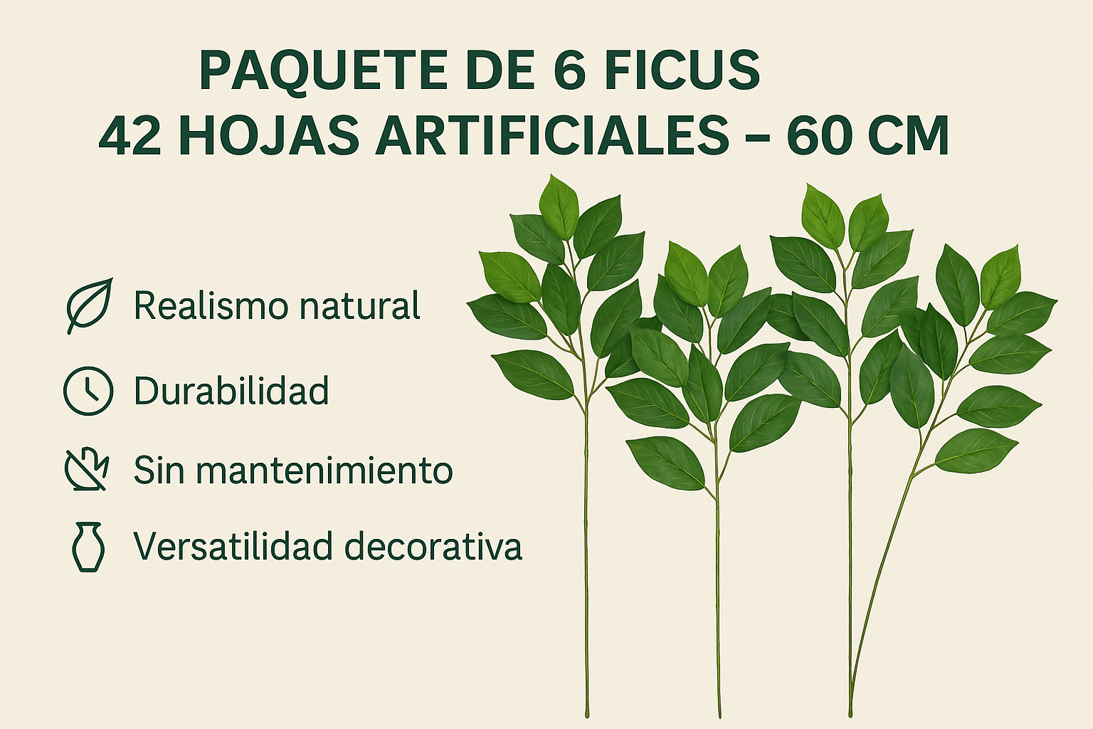 Paquete de 6 Ficus 42 Hojas Artificiales Verde – 60 cm