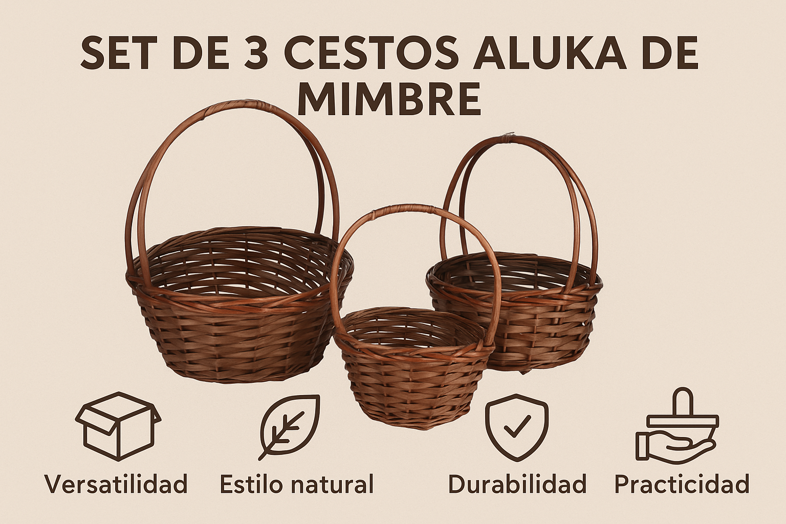 Set de 3 Cestos Aluka de Mimbre 28x28x38 cm
