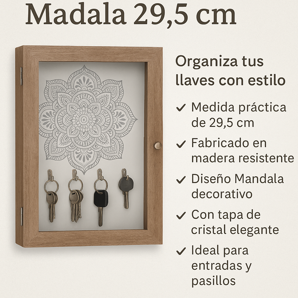 Cuelgallaves de Madera Mandala 29,5 cm con Tapa de Cristal