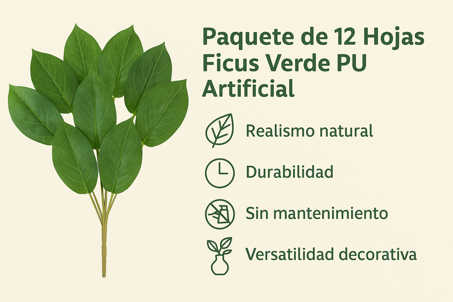 12 hojas ficus verde artificial